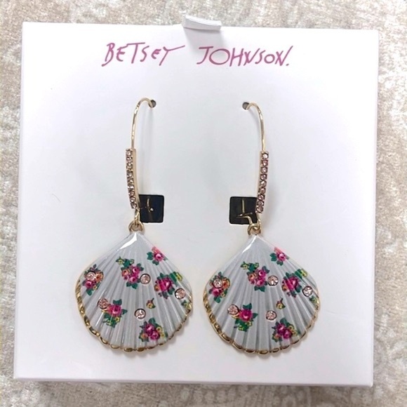 Brand New Betsey Johnson Floral Seashell Rhinestone Drop Earrings Beach Tropical - Picture 14 of 14